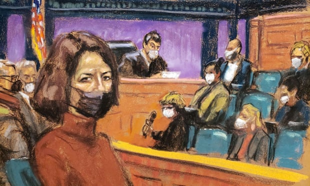 An artist rendering of a courtroom with Ghislaine Maxwell on the left and the jury in the background on the right.