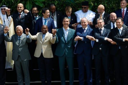 Kenya’s deputy president, Kithure Kindiki, Spain’s prime minister Pedro Sanchez, Irish Taoiseach Micheal Martin, Dutch Prime Minister Dick Schoof and Portuguese prime minister Luis Montenegro join hands