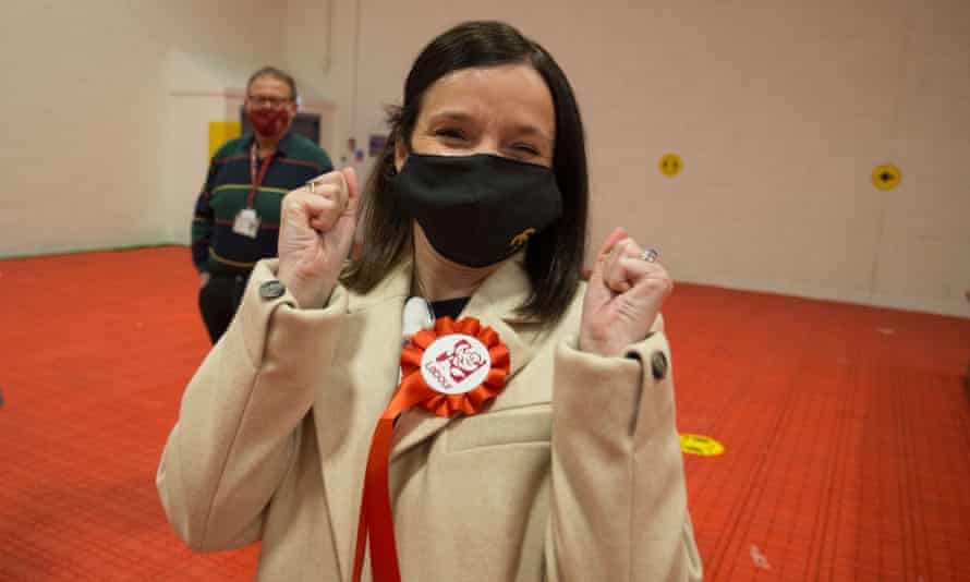 Labour’s Elizabeth Buffy Williams celebrates after she wins the Rhondda seat from from former Plaid Cymru leader Leanne Wood.