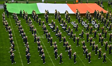 The Notre Dame marching band performs before last Saturday’s game against Navy at the Aviva Stadium in Dublin.