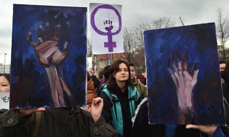 People attend a rally to mark International Women's Day in Bishkek, Kyrgyzstan, 8 March 2022.