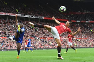 Zlatan Ibrahimovic attempts to reach a driven cross before Wes Morgan. Leicester already match their total loses for the whole of last season. Jose Mourinho said: “Today we had intensity, movement and dynamism. To be back home and beat the champions is good. Last season we couldn’t beat them and this season we have beaten them twice already.”