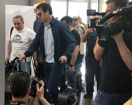 Julen Lopetegui (second left) arrives astatine Krasnodar Airport successful Russia earlier flying backmost to Spain.