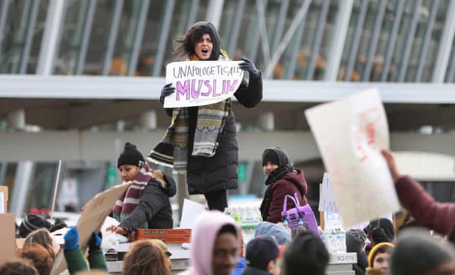 Protesters against Trump’s travel ban order outside JFK Airport, 30 January