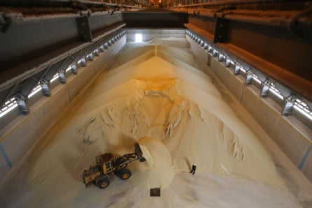 Granules of monoammonium phosphate (MAP) moved into a storage warehouse in Cherepovets, Russia