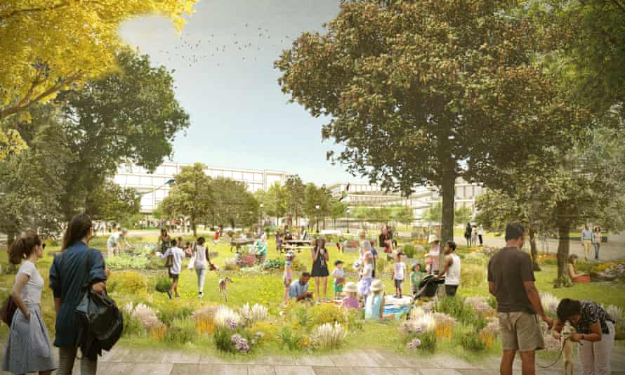 Architectural rendering of Facebook’s proposed Willow Campus in Menlo Park, California.