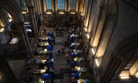 People being vaccinated against Covid in Salisbury Cathedral on 20 January.