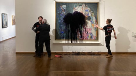 Climate activists throw black liquid at Gustav Klimt painting in Vienna – video