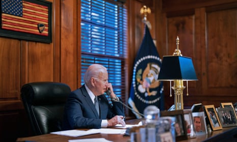 In this image provided by the White House, Joe Biden speaks on the phone to his Russian counterpart Vladimir Putin on Thursday.