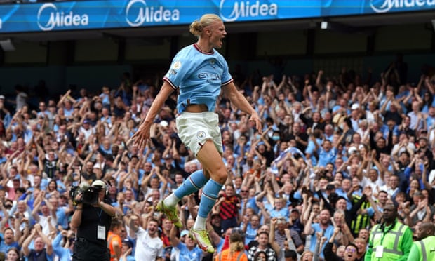 Erling Haaland leaps with joy after scoring his hat-trick goal and City’s fourth to make the game safe.