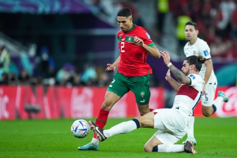 World Cup 2022: news and buildup to Argentina v Croatia semi-final – live | World Cup 2022 5 Achraf Hakimi in action for Morocco against Portugal during their quarter-final victory.