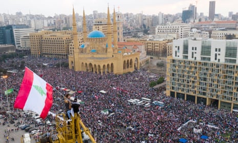 Protesters in front of the Muhammad al-Amin mosque in downtown Beirut, Lebanon, on Sunday.