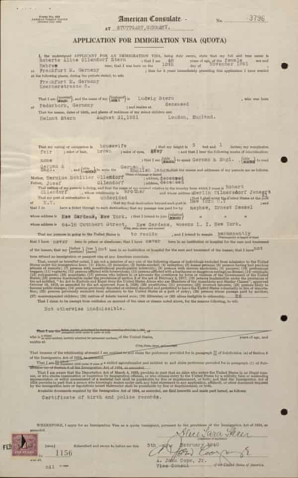 A visa application for Alice Stern from 1940 on display at the Americans and the Holocaust exhibition.