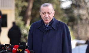 President of Turkey Recep Tayyip Erdogan speaks to press members after performing Friday prayers at Kerem Aydinlar Mosque in Istanbul.