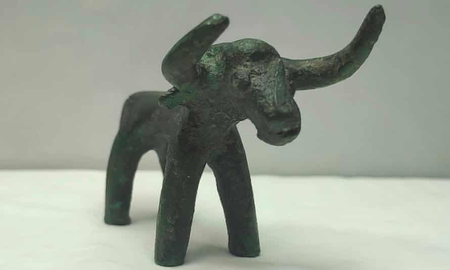 A bronze bull idol unearthed at the archaeological site of Olympia in Greece.