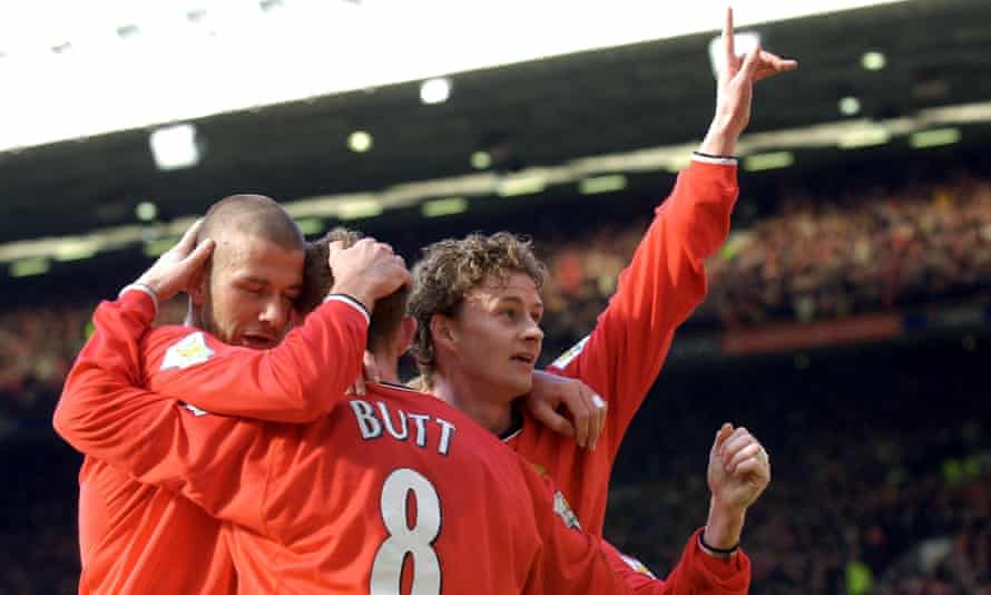 Ole Gunnar Solskjaer celebrates with David Beckham and Nicky Butt after scoring in Manchester United’s 6-1 win over Arsenal in 2001