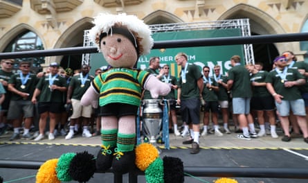 A knitted Henry Pollock at Northampton Saints’ trophy parade in Northampton on Sunday