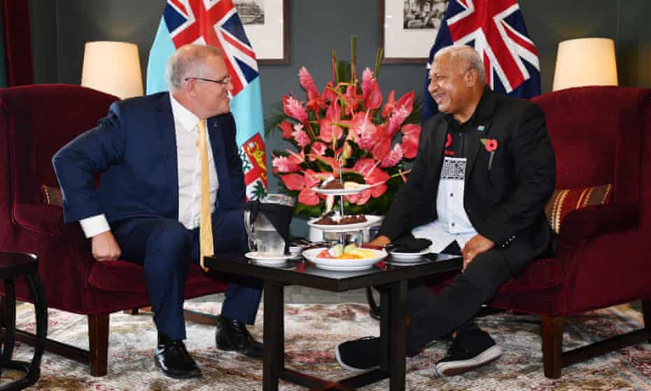 Australia’s prime minister Scott Morrison is seen with Fiji’s prime minister Frank Bainimarama in Fiji