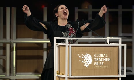 Andria Zafirakou reacts after winning the Global Teacher prize in Dubai.