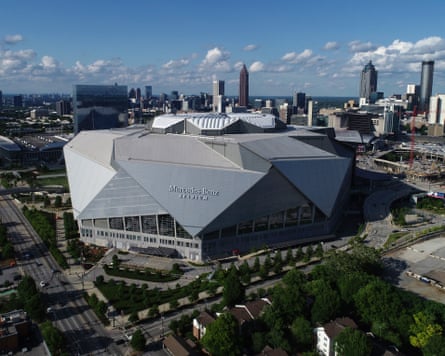 An aerial view of Mercedes-Benz Stadium with