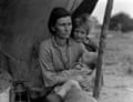 1936-37 Dorothea Lange portrait of a poor, worried-looking mother holding a baby with a boy resting his dirt-covered face on her shoulder, against a canvas tent held up by a thick stick in California