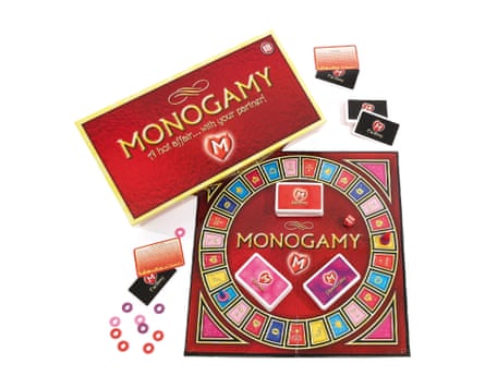 The Monogamy Board Game board displayed with playing pieces and the box lid.