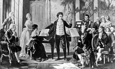 Ludwig Van Beethoven with the Rasowmowsky Quartet, drawn by the artist Borckmann.