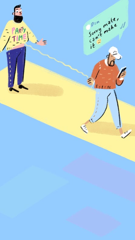 Illustration of man in “Party Time” jumper with another man walking away pulling a threat from it and texting “Sorry mate, can’t make it”