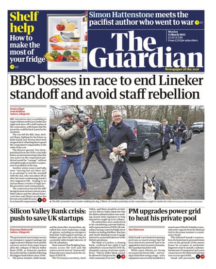 Guardian front page, Monday 13 March 2023