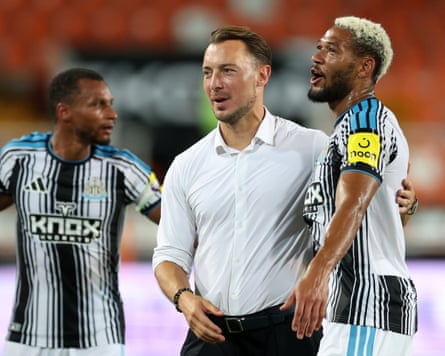 Matthias Jaissle puts his arm around Joelinton after their 2-1 win away to Valencia in a pre-season match