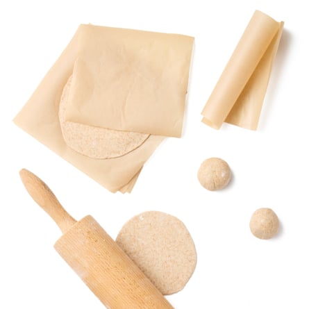 On a lightly floured surface, roll out one ball into a roughly 12cm-wide circle, flipping it in the flour to ensure it doesn’t stick and turning the dough a few degrees between each roll to help make it round. Store the rolled breads between the squares of paper and wrapped in a tea towel.