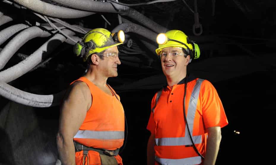 The chancellor, George Osborne, talking to miner Dave Hawells, left, at Thoresby colliery in 2013. Osborne said then that the benefits of economic recovery must be felt across the country and not just in the affluent south. 