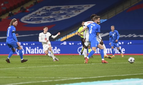England’s Phil Foden scores his first and England’s third goal.