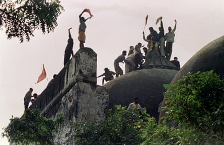 Hindu youths atop the Babri mosque in 1992.