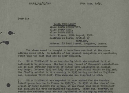 Declassified letter relating to Edith Tudor-Hart.