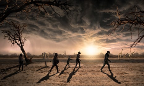 An artists impression of the Australopithecus afarensis walking through Tanzania.
