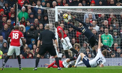 Manchester United’s David De Gea saves a shot from Tottenham’s Eric Dier.