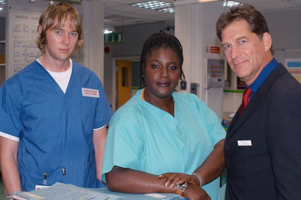 Sharon D Clarke with James Redmond, left, and Simon MacCorkindale in the BBC’s Holby City.