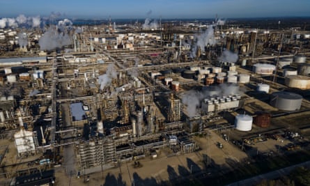 Smoke fills the air at the refinery in Baytown, Texas, in 2021. In that year alone, ExxonMobil churned out 6m tons of new single-use plastic