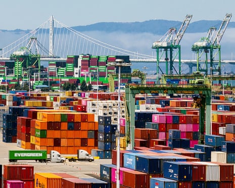 Cargo containers line a shipping terminal at the port of Oakland, California