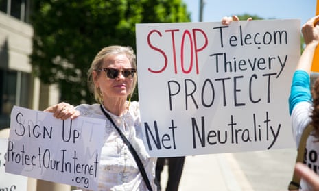 A protest held by net neutrality activists outside the Federal Communications Commission (FCC) building in Washington, DC on 16 May, 2017.