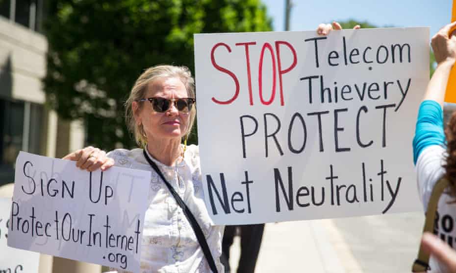 A protest held by net neutrality activists outside the Federal Communications Commission (FCC) building in Washington on 16 May. 