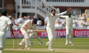 Mohammad Abbas successfully appeals for Alastair Cook’s wicket at Lord’s.