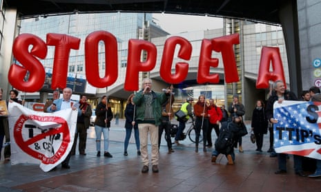 Demonstrators protest against Ceta outside the EU headquarters in Brussels. They claim the deal is bad for Europe’s farmers. 