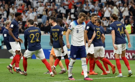 France players celebrate while Harry Kane is downcast after missing a penalty in England’s 2022 World Cup quarter-final in Qatar