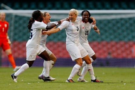 Steph Houghton celebrates with teammates after scoring the first goal for Team GB against New Zealand at the Olympics in 2012.