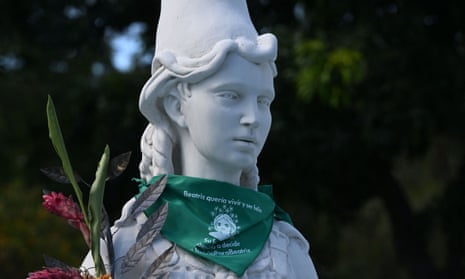 A statue of the goddess Minerva at the University of El Salvador with a green headscarf symbolising support for ‘Beatriz’ in the historic case on abortion rights