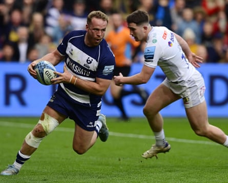 James Williams scores a try against Exeter at Ashton Gate in March.
