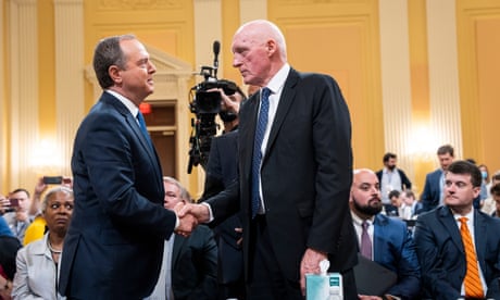 Rusty Bowers shakes hands with Adam Schiff at a January 6 hearing in June.