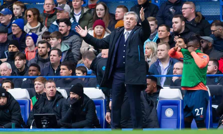 Carlo Ancelotti shows his frustration during Everton’s 4-0 defeat at Chelsea on 8 March 2020